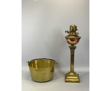 VICTORIAN OIL LAMP, brass Corinthian column with square stepped base, copper reservoir, twin burners, 57cms H, and a brass ja