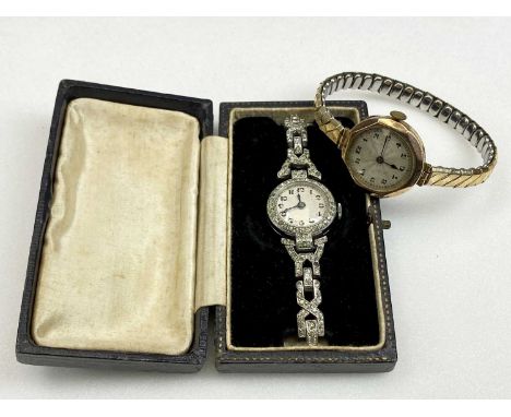 TWO 9CT GOLD CASED &amp; OTHER LADIES WRISTWATCHES the 9ct example with chamfered bezel and gilt metal expanding bracelet, th