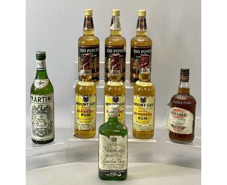 100 PIPERS DELUXE SCOTCH WHISKY 75cl x 3, Mount Gay Barbados Rum 70cl x 3, Gordon's London Dry Gin 75cl x 1, Martini Extra Dr