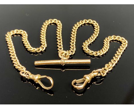 VINTAGE 9CT GOLD DOUBLE ALBERT WITH TWIN CLIPS &amp; T BAR, 23cms overall length, curblinks individually stamped, 18.9g gross