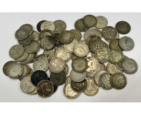 BRITISH SILVER &amp; HALF SILVER COINAGE, 15.6g and 82.9g respectively, along with 3 x continental coins