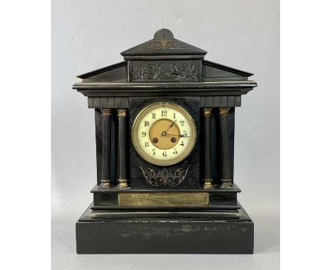 VICTORIAN BLACK SLATE MANTEL CLOCK, of architectural design, the pediment having frieze with classical figures, cream dial wi