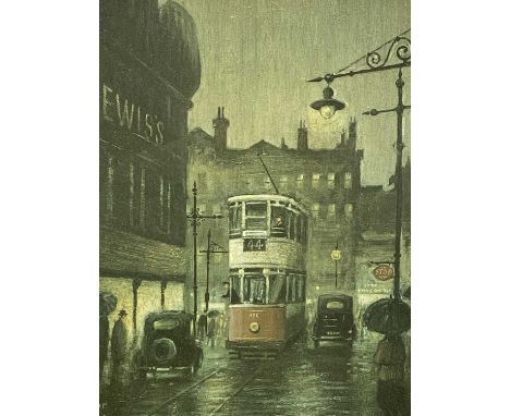 ARTHUR DELANEY (1927-1982) limited edition (132/435) colour print - tram, cars and figures outside Lewis's, Manchester, signe