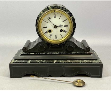 VICTORIAN BLACK SLATE &amp; MARBLE MANTEL CLOCK, barrel movement with white enamel dial and black Roman numerals, 8-day movem