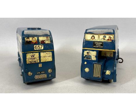 BRIMTOY TINPLATE CLOCKWORK DOUBLE DECKER BUSES x 2, finished in blue, 20cms long