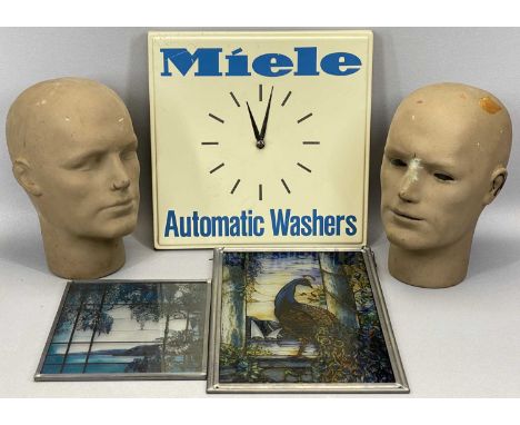 MIELE AUTOMATIC WASHERS SQUARE PLASTIC ADVERTISING CLOCK, cream with blue lettering, battery operated, 33cms square, two comp