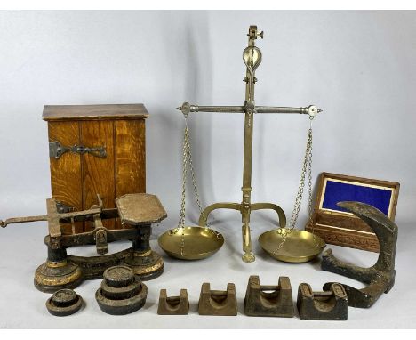 RANDOME LONDON BRASS &amp; STEEL CASED SCALES, with associated brass pans and chains, cast iron grocer's scales with various 