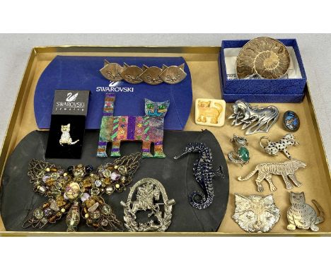 COSTUME JEWELLERY INCLUDING CAT &amp; OTHER ANIMAL BROOCHES, to include a Trez by Design pewter bezel ammonite brooch, 6cms a