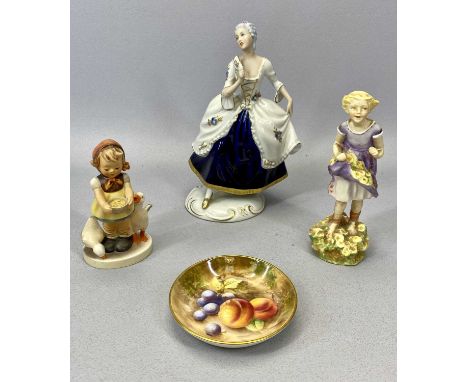 ROYAL DUX FIGURE OF A LADY WITH FAN, having royal blue skirt with gilt outline, 22cms H, Royal Worcester figure 'The First Cu