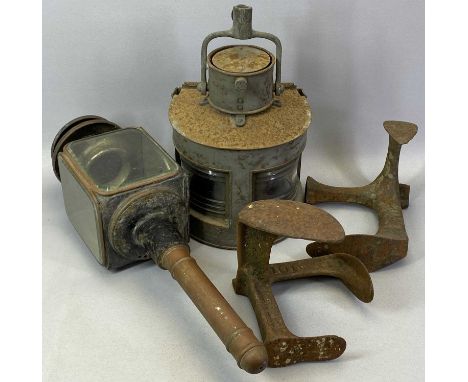 NAVAL MASTHEAD LAMP, painted battleship grey and stamped 'G P Ltd 1944', 29cms H, 19th Century brass and painted metal coachi