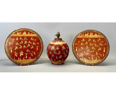 NORTH INDIAN / KASHMIR PAPIER MACHE CIRCULAR PLAQUES, A PAIR, decorated with polo players on red ground within a gilded borde