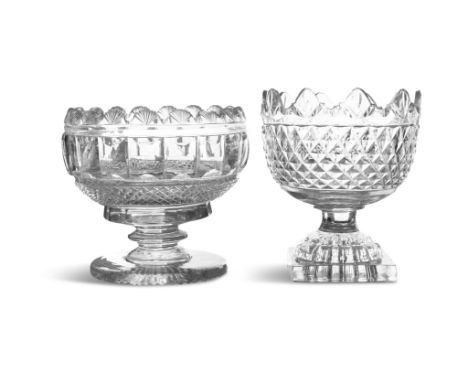 A SMALL DIAMOND-CUT BON-BON URN c. 1790, Cork or Waterford, with 'monteith' rim on moulded 'lemon squeezer' foot and square p