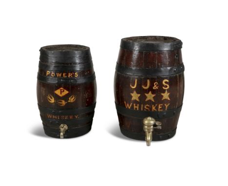 A PAIR OF STAINED ONE OAK SPIRIT BARRELS, of coopered construction gilt lettered 'Powers' with logo, the other 'JJ&amp;S Whis