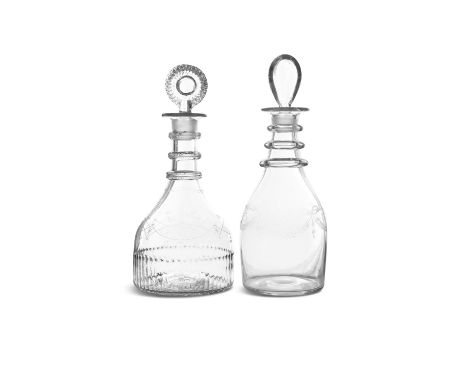 A BLOWN AND MOULDED PORT DECANTER c.1800, Waterford or Cork, with three milled neck rings, the squat body with a band of vesi