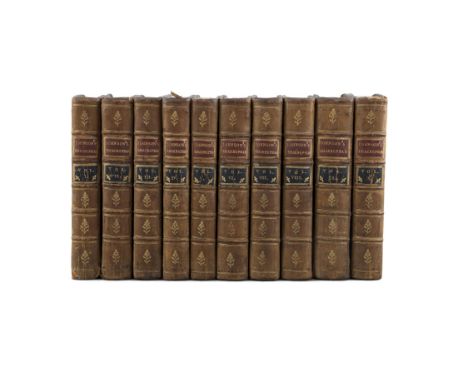 SHAKESPEARE, William, The Plays (notes by Samuel Johnson) 10 vols., Dublin (A. Leathley et. al.) 1766 engraved portrait front