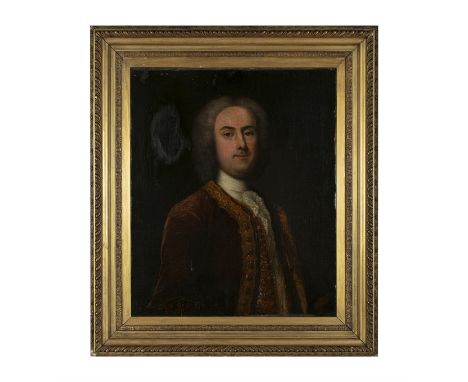 ENGLISH SCHOOL (MID 18TH CENTURY)Portrait of a gentleman, half length with white ruff and red coat with gold brocaded trimOil