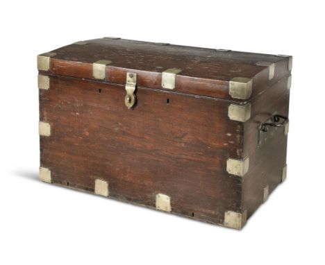 A 19TH CENTURY MAHOGANY BRASS BOUND MILITARY TRUNK, with cast iron handles. 100cm wide, 59cm wide, 63cm deep