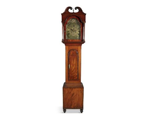 A VICTORIAN MAHOGANY LONGCASE CLOCK, with swan neck pediment, above an archtop hood door enclosing a painted enamel dial with