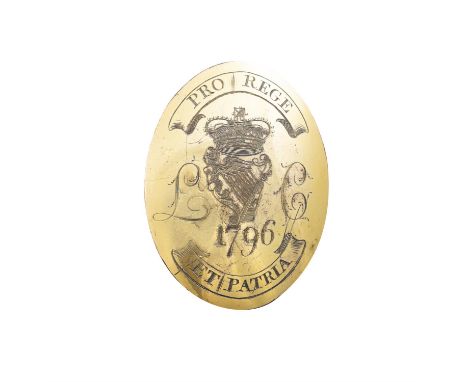 AN OVAL GILT-BRASS BELT-BADGE, 1796, for the Lawyers Corp, engraved with a crowned harp, date 1796 and round-about 'PRO REGE 