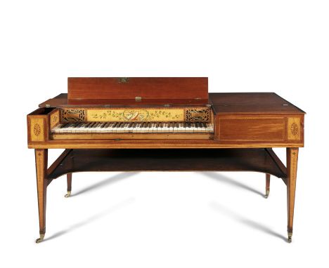 § AN IRISH GEORGE III INLAID MAHOGANY AND SATINWOOD SQUARE PIANO, the case decorated with ropetwist stringing and inlaid sati