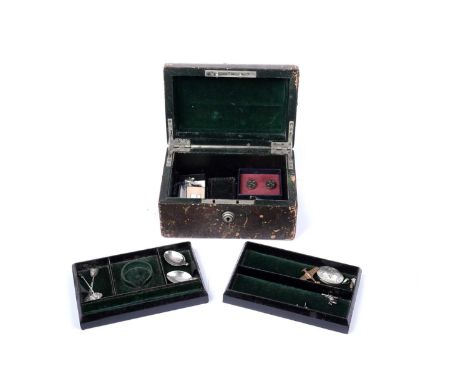 A Victorian green leather jewellery box with two lift-out trays and a Bramah lock with key, containing: - a pair of silver cu