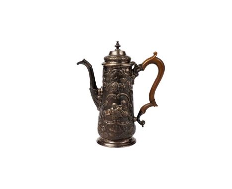 A George II silver North Country coffee pot, with a tapering body and tucked-in base, decorated with repoussé-work flowers an