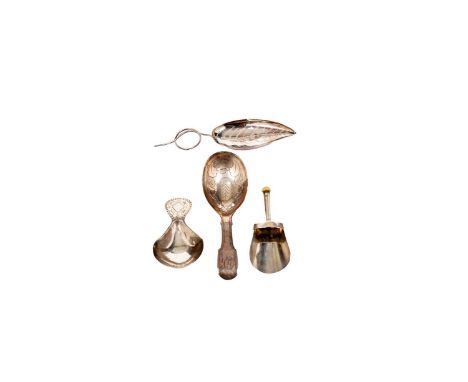 A George III silver caddy spoon with a bright-cut, lug handle and a waisted bowl, by Solomon Hougham, London 1794; a silver c