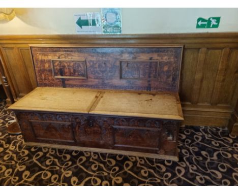 Wooden Monks Bench Seat With Carved Detail To Back And Hinged Lift Up Seat With Brass Handles On Each End W 1780mm D650mm H 1