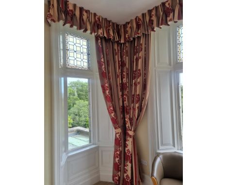 2 Pairs Of Beige With A Deep Red Pattern Lined Curtains With Tie Backs And Pelmet D3100mm W 2600mm, D 3100mm  W 4000mm (10)