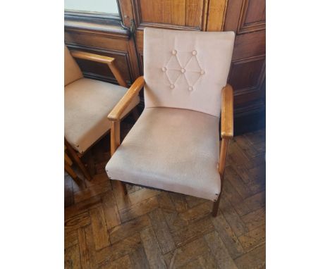 A Pair Of Wooden Beige Arm Chairs With Button Back Upholstery W 500mm D 460mm H 770mm