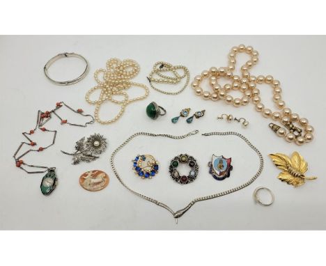 A collection of costume jewellery, to include: an Ahrens (Lucerne) sterling silver&nbsp; and enamelled Art Deco pendant watch