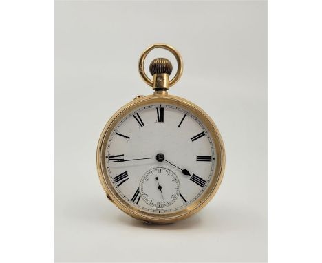 An Edward VII 18ct. gold open faced pocket watch, crown wind, having white enamel Roman numeral dial with outer minute track 