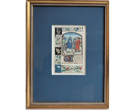 An illuminated manuscript page, painted in gold and watercolour on paper, image 15cm x 10.2cm, mounted, framed and under glas