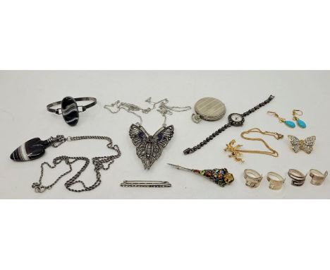 A collection of costume jewellery, to include: a large sterling silver, marcasite, paste and cloisonne enamel pierced butterf