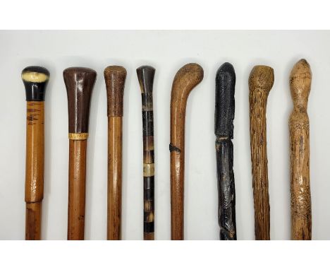 Eight various walking canes/sticks, to include: A walking stick with applied white metal Royal Flying Corps Pilot wings badge