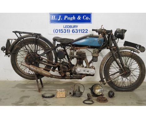 Triumph N de Luxe motorcycle project. 1928. 494cc. Engine turns over with good compression. Has been dry stored for 44 years.