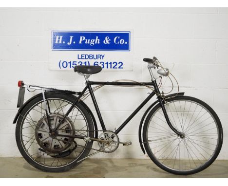 Raleigh gents bicycle with Cyclemaster rear wheel engine. 1953. 32cc Frame No. 98021 Engine No. 102914 Comes with Buff log bo