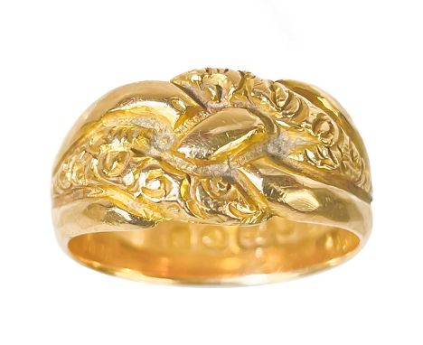 An Edwardian 18ct hallmarked gold keepers ring. Birmingham 1909, size N 1/2, 7.9g.Good antique condition. The decoration is s