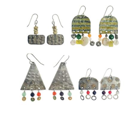 Four pairs of Nancy Pickard drop earrings.   A selection of earrings with hammered metal, enamel and colourful beads. All sta