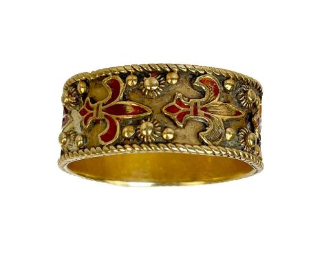 A 14ct gold and red champleve enamel band ring.  With red enamel fleur di lis design and wire twist edging, maker J*P, London