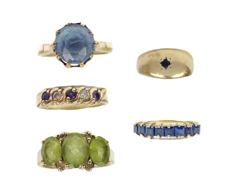 A selection of 9ct gem set rings. Weight 12.4g.Sapphire single stone ring, size G and it is misshapen. The other rings betwee