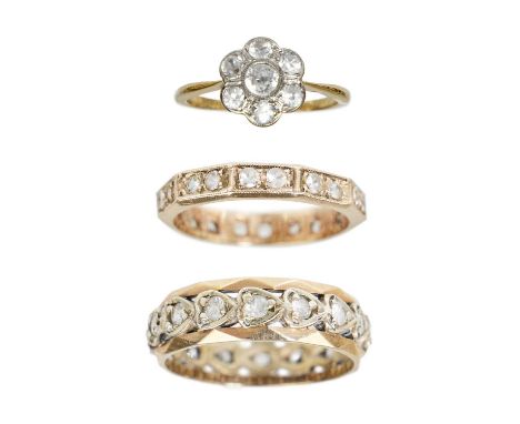 Three gold rings set with synthetic spinels. An 18ct gold cluster ring, 2.5g, size N 1/2, a 9ct white and yellow gold full et