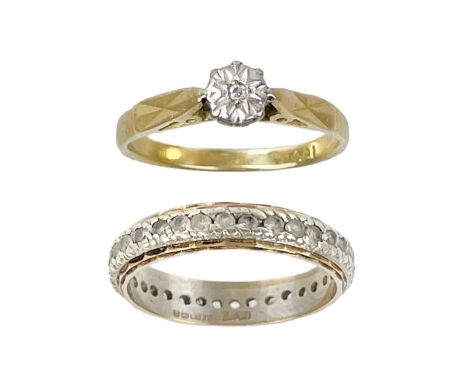 An 18ct diamond solitaire ring and a 9ct white spinel full eternity ring.  The solitaire ring with a small illusion set diamo