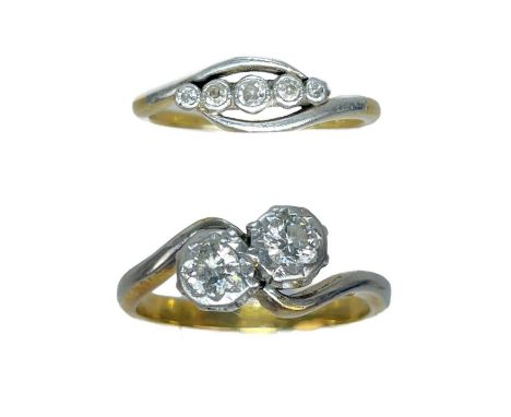 Two 18ct diamond set rings. Including a two stone crossover ring, the round cut diamonds of 0.06ct approximately, size G 1/2;