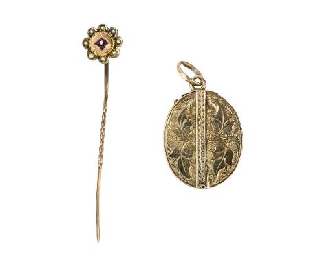 A Victorian embossed gold central hinged locket pendant. With two oval gold-plated photograph compartments, length 26mm, 6g; 