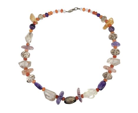 A gemstone bead necklace. With amethyst, citrine, rose quartz, smokey quartz, rock crystal and a silver clasp, 45cm in length