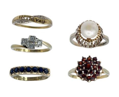 A selection of five 9ct gem set rings. The pearl ring size k, the others size p, total weight 11.2g.