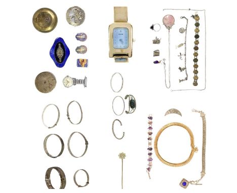 A selection of silver and gold plated jewellery. Includes silver bangles, brooches, an amethyst panelled bracelet etc.