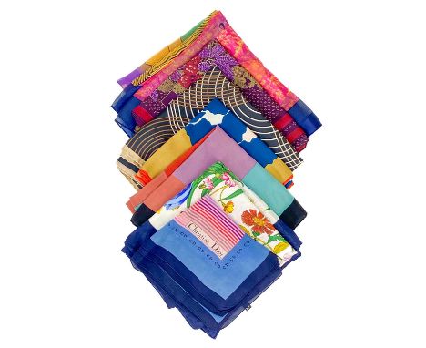 A collection of seven silk scarves by various designers such as Christian Dior, Pierre Balmain etc.  Includes one Picasso sem