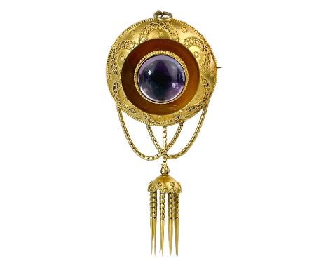 A Victorian Etruscan revival mat gold, carbuncle foiled amethyst set brooch. In a circular domed filigree decoration frame, w
